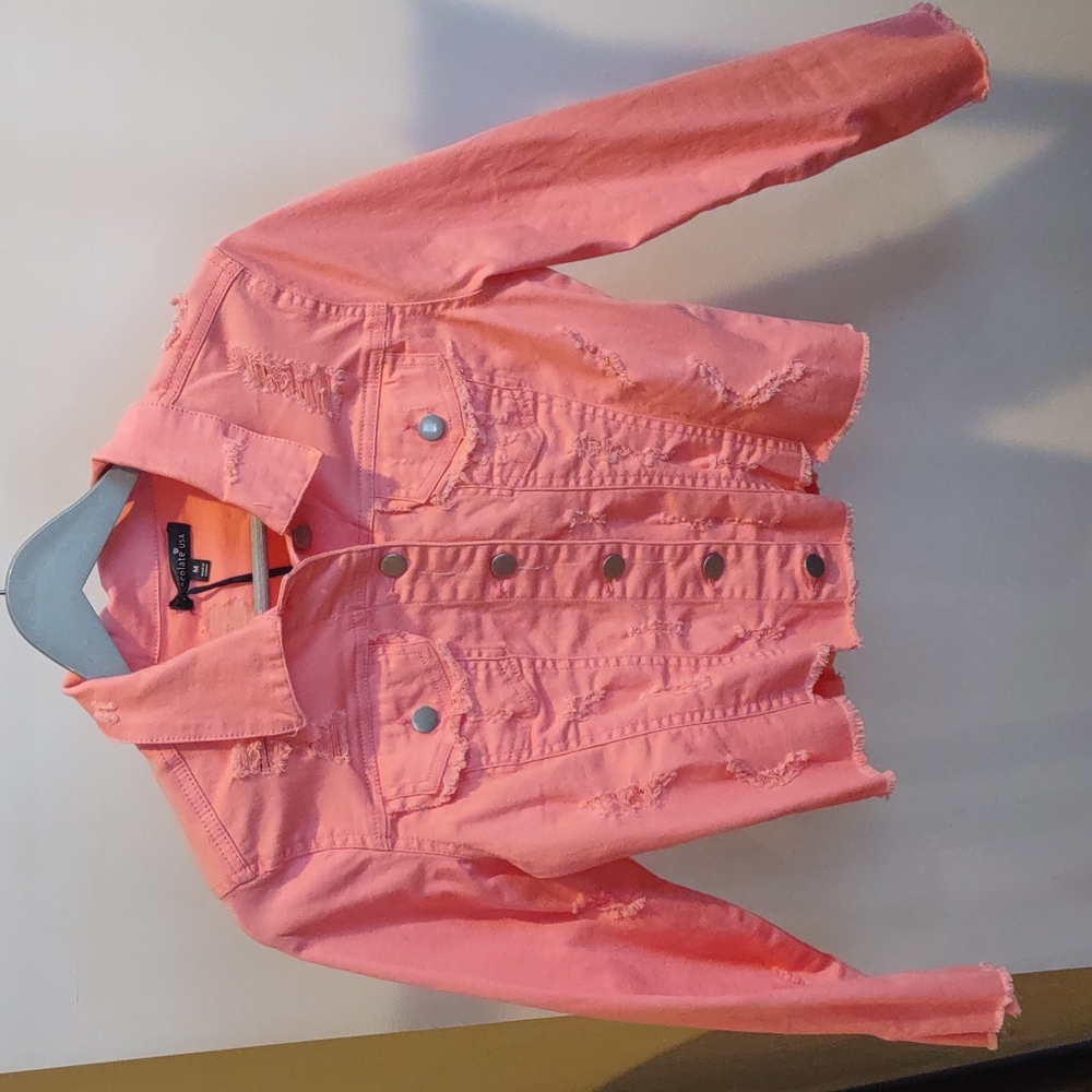 PINK DISTRESSED DENIM CROP JACKET SIZE M